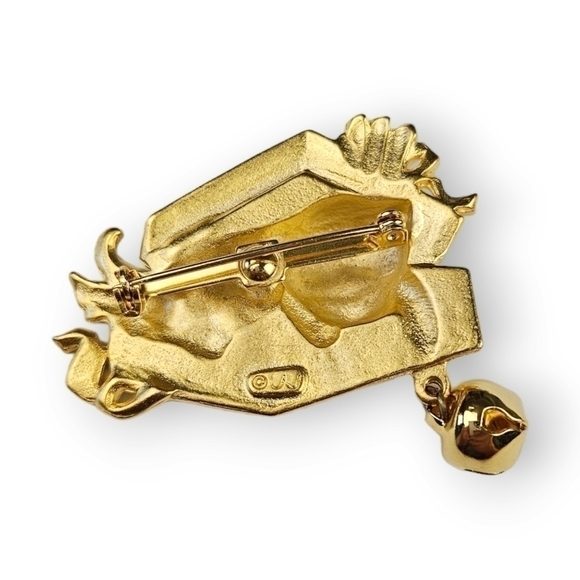 Jj Christmas Cat Brooch Jonette Jewelry Brushed Gold Plate Jingle Bell Vtg 2" - Picture 3 of 7